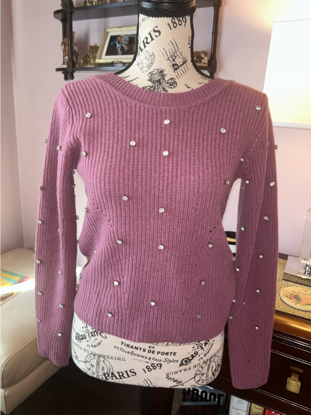 Elie Tahari Mauve Cashmere Crewneck Sweater with Beaded Accents